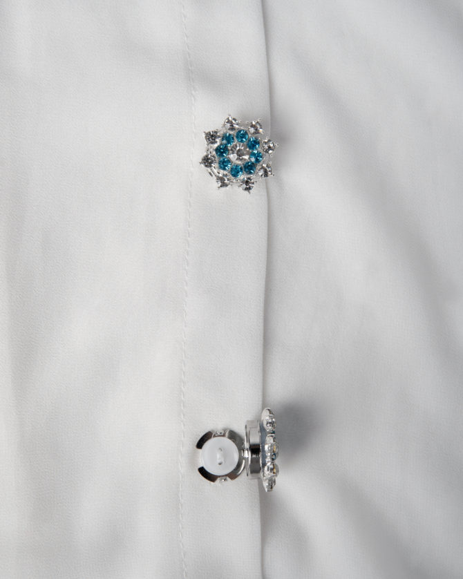 snowflake shaped button cover with blue and white rhinestones by avrel