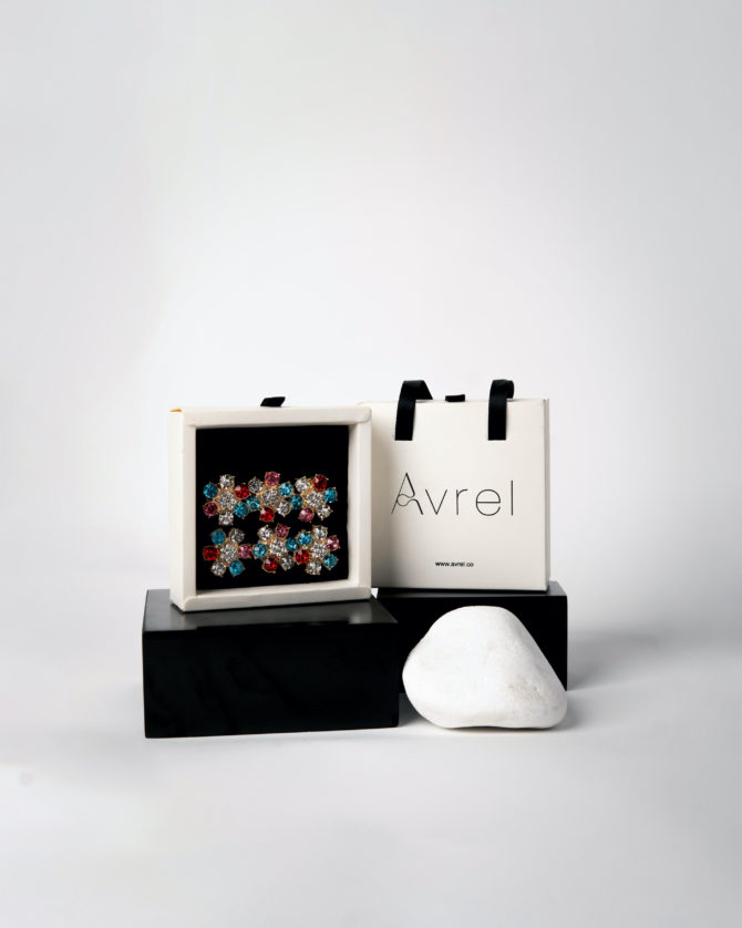 April, colorful rhinestones flower button cover by Avrel , avrel packaging