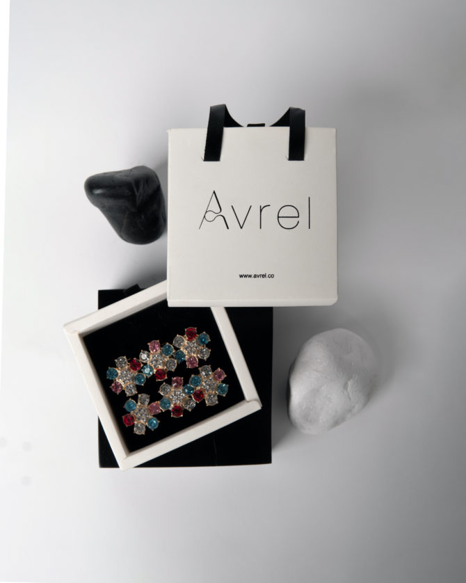 April, colorful rhinestones flower button cover by Avrel , avrel packaging