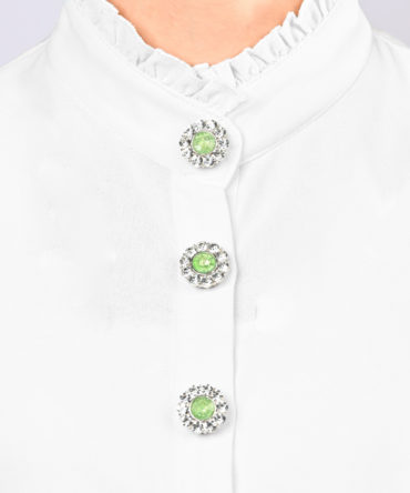 flower shaped button cover with rhinestones and a green center by Avrel.