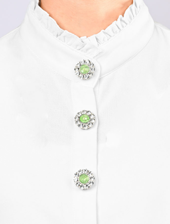 flower shaped button cover with rhinestones and a green center by Avrel.