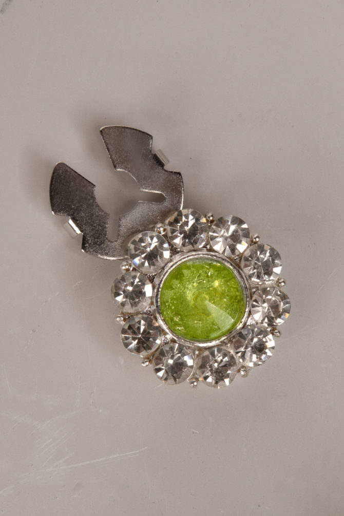 verde, flower shaped button cover with rhinestones and a green center by Avrel.