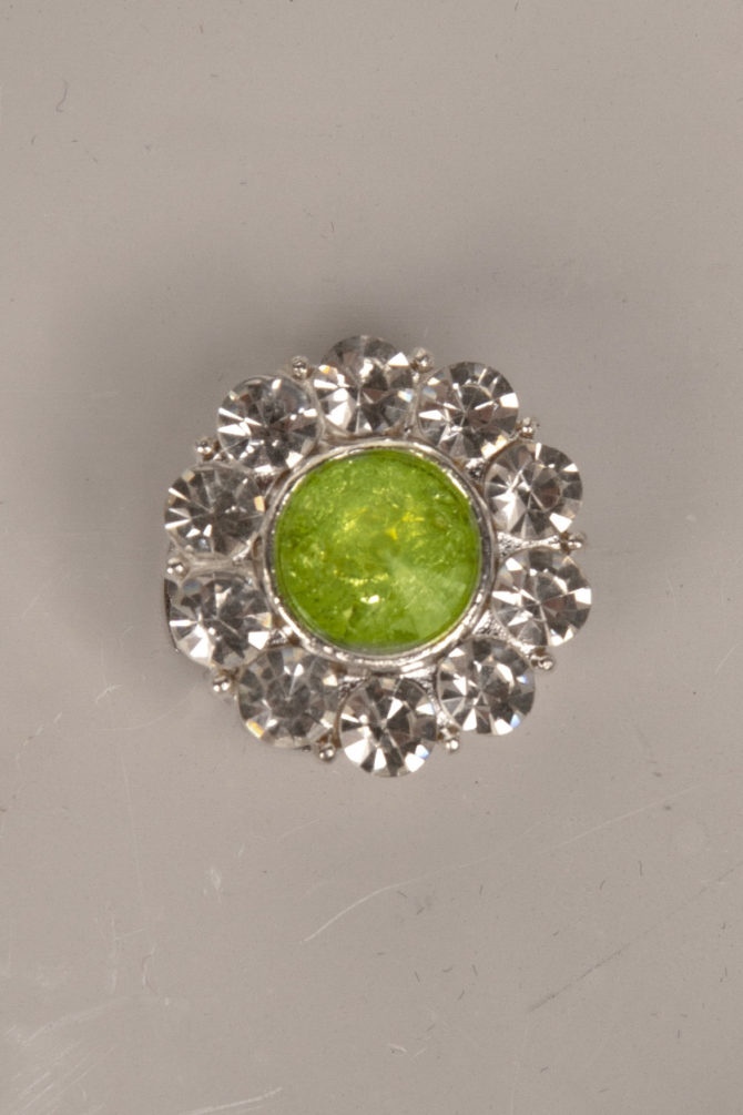 verde, flower shaped button cover with rhinestones and a green center by Avrel.